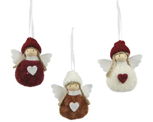 Tri vianočné ozdoby anjel so srdcom a čiapkou