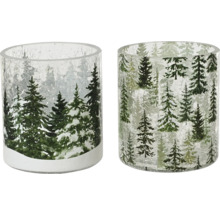 Dva sklenené držiaky na čajové sviečky s motívmi zimného lesa.