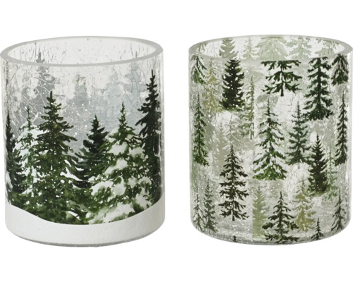 Svietnik lesný vzor sklenený Dva sklenené držiaky na čajové sviečky s motívmi zimného lesa.