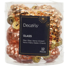 Dvanásť sklenených vianočných ozdôb v tvare šišky v priehľadnom obale