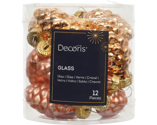 Dvanásť sklenených vianočných ozdôb v tvare šišky v priehľadnom obale