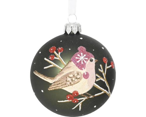 Vianočná ozdoba sklenená guľa s vtáčikom Ø 8 cm čierna Vianočná ozdoba s motívom vtáčika a čiapky