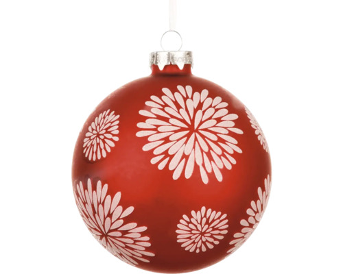 Vianočná ozdoba sklenená guľa s bielym zdobením Ø 10 cm matná červená Červená vianočná guľa s bielym kvetinovým vzorom