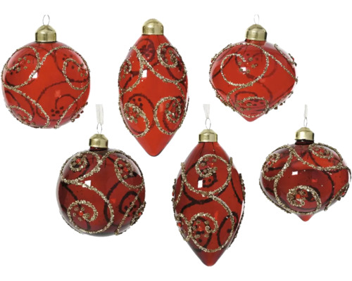 Vianočné ozdoby sklenené červené Sada vianočných ozdôb s červeným povrchom a zlatými ozdobami