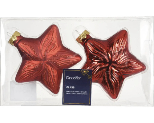 Vianočné ozdoby hviezdy sklenené 10 cm červené 2 ks Dve červené sklenené hviezdy na dekoráciu v balení