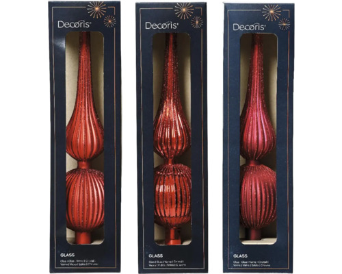 Vianočná špička na stromček 31 cm červená, rôzne druhy Tri sklenené dekoračné špičky v obale produktu