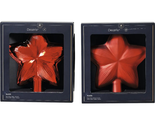 Dva červené sklenené špičky na vianočný stromček v tvare hviezdy v balení.