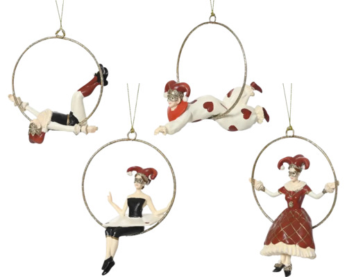 Vianočná ozdoba akrobatka na kruhu 13 cm 1 ks, rôzne druhy Štyri figúrky harlekýnov ako vianočné ozdoby zavesené na zlatých krúžkoch