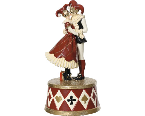 Hracia skrinka cirkusový pár 18 cm Dekoratívna figúrka páru harlekýnov na podstavci so symbolmi hracích kariet