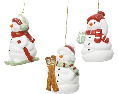 Vianočná ozdoba snehuliak na lyžiach keramika 9 cm 1 ks, rôzne druhy Tri figúrky snehuliaka ako ozdoby na vianočný stromček