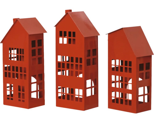 Lucerna domeček kovový červený, různé druhy Tri ozdobné domy z kovu s okennými otvormi