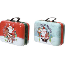 Dva ozdobné kovové kufríky s vianočnými motívmi a držadlom