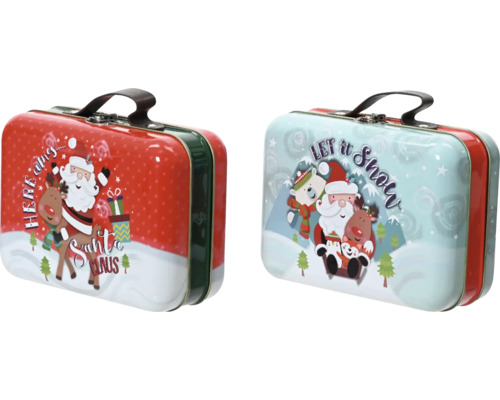 Krabička plechová kufrík 18 x 13 x 8 cm Dva ozdobné kovové kufríky s vianočnými motívmi a držadlom