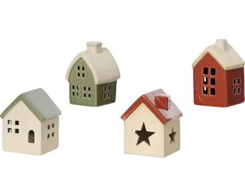 Sada keramických svietnikov v tvare domu s oknami