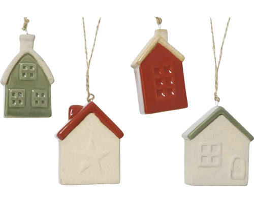 Vianočná ozdoba domček terakota 7 cm, rôzne druhy Štyri prívesky v tvare domu ako ozdoby na vianočný stromček