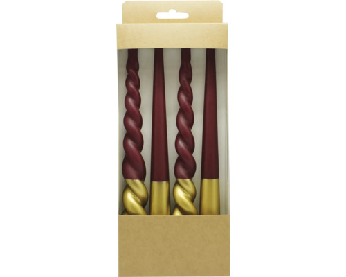 Zatočená sviečka bordovo-zlatá 24cm Dekoratívne stolové sviečky v balení po štyroch, čiastočne špirálovité