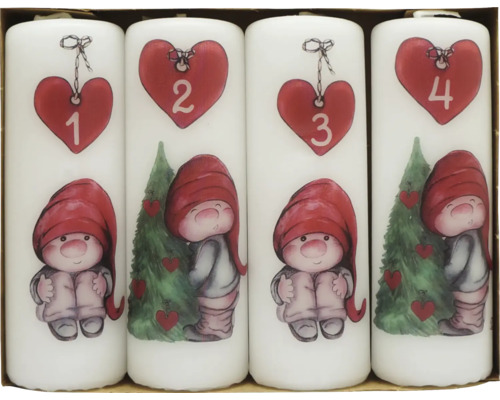 Adventné sviečky Ø4X12CM valcovité biele Adventné sviečky s motívmi trpaslíkov, číslované od jednej do štyroch