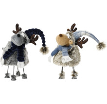 Dve dekoratívne figúrky losov s čiapkami a šálmi ako sviatočná dekorácia