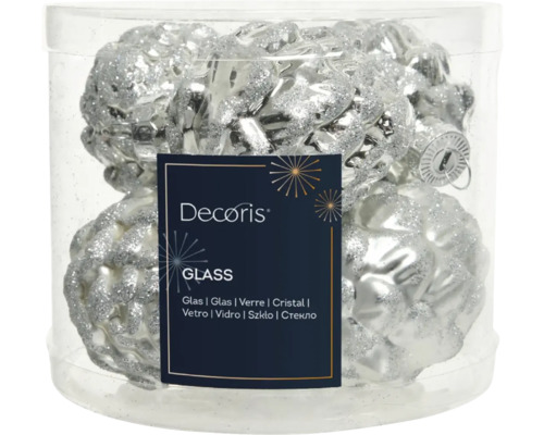 Vianočná ozdoba šišky sklenené strieborné 6 ks Balenie strieborných sklenených vianočných gúľ s trblietkami