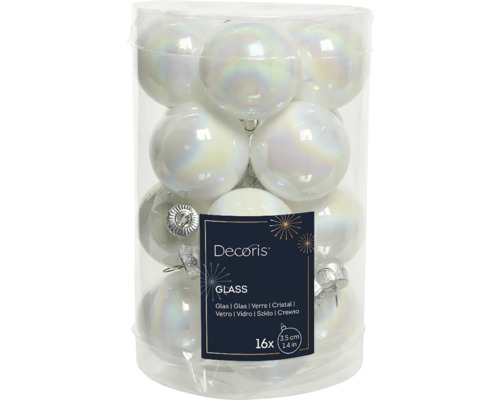 Vianočné ozdoby sklenené gule Ø 3 cm biele iridescentné 16 ks Sklenené vianočné gule, 3,5 cm, balenie 16 kusov