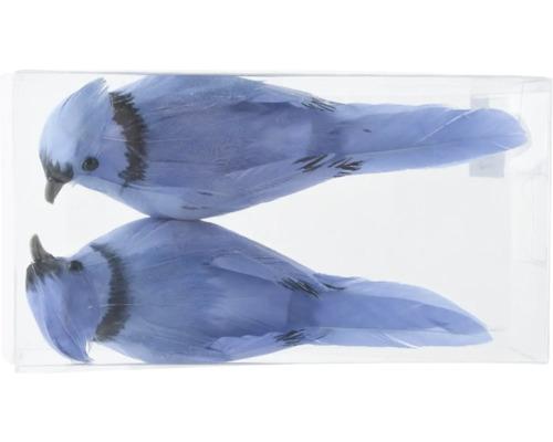 Dve ozdobné modré figúrky vtáčikov v priehľadnej nádobe