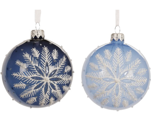 Vianočná ozdoba sklenená guľa Ø 8 cm bielo-modrá Dve vianočné gule so vzorom snehovej vločky