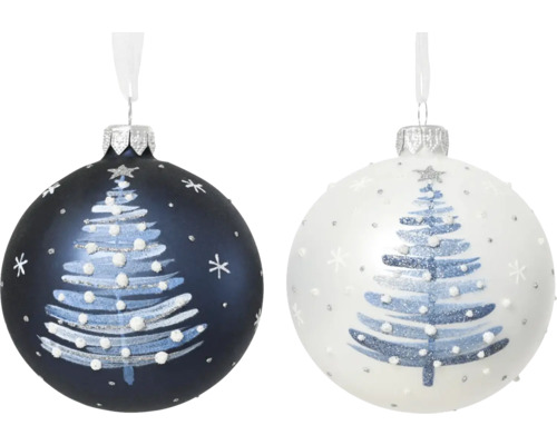 Vianočná ozdoba sklenená guľa Ø 8 cm bielo-modrá Dve vianočné gule s motívom vianočného stromčeka