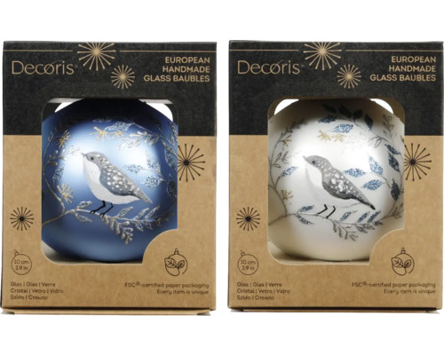 Vianočná ozdoba sklenená guľa s vtáčikom Ø 10 cm modro-biela, rôzne druhy Dve sklenené vianočné gule Decoris s motívom vtáčika v balení