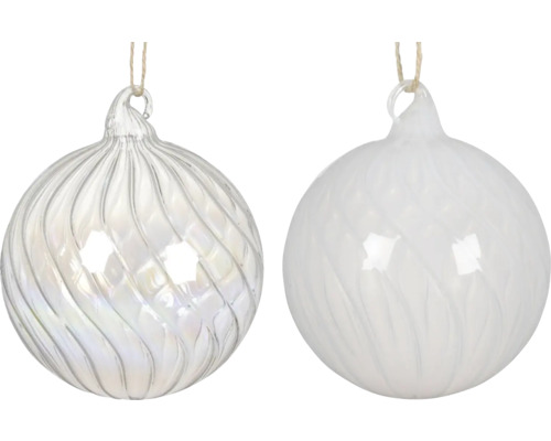 Vianočná ozdoba sklenená guľa Ø 10 cm biela, rôzne druhy Dve sklenené vianočné gule so závesom