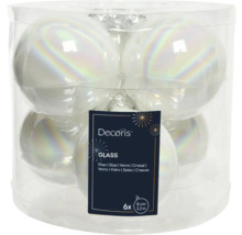 Šesť trblietavých sklenených vianočných gúľ v priehľadnej nádobe, priemer približne osem centimetrov