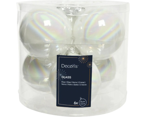 Šesť trblietavých sklenených vianočných gúľ v priehľadnej nádobe, priemer približne osem centimetrov