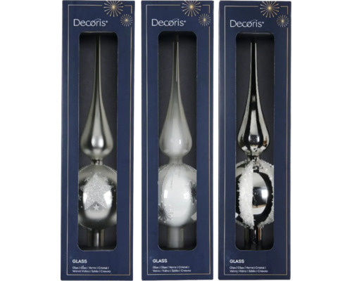 Tri sklenené špice na vianočný stromček s hviezdnymi motívmi v produktovom balení