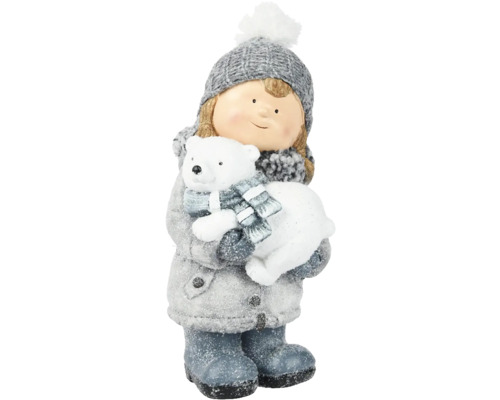 Dekoratívna figúrka dievča s čiapkou 35 cm modro-šedá Dekoratívna zimná figúrka dievčatka s ľadovým medveďom