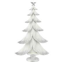 Dekoratívny biely vianočný stromček so striebornými trblietkami a hviezdou na ozdobenom podstavci