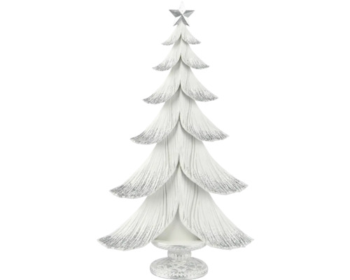 Dekoratívny biely vianočný stromček so striebornými trblietkami a hviezdou na ozdobenom podstavci