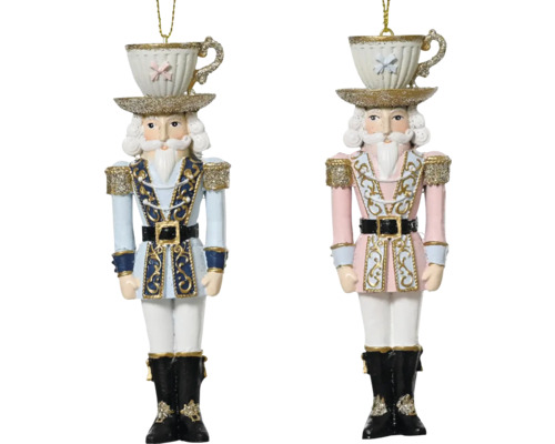 Figúrka Luskáčik polyresin 12 cm Dve figúrky luskáčikov s čajovými šálkami ako klobúky, vianočná dekorácia