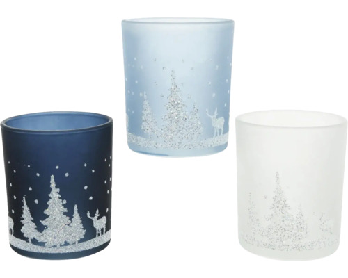 Sklenené držiaky na čajové sviečky so zimnými motívmi