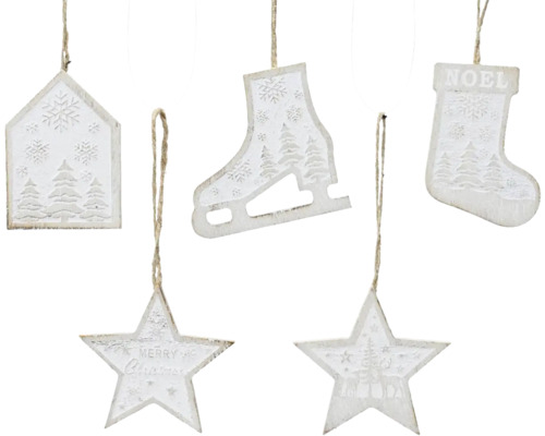 Vianočné ozdoby na zavesenie s motívmi domu, korčúľ, pančuchy a hviezdy