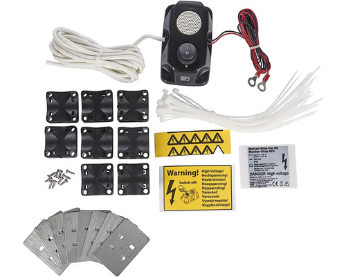 Kompletná sada odpudzovača kún pre automobily s káblami, montážnymi doskami, skrutkami a výstražnými štítkami