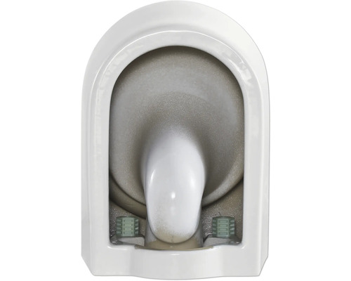 Vnútorný pohľad na bielu závesnú toaletu