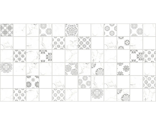 Samolepiaci PVC panel Mix white biely 96 x 48,5 cm Mozaiková dlaždica s kvetinovými vzormi a vzhľadom mramoru
