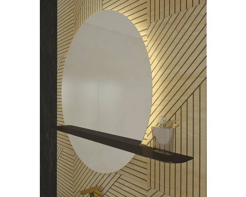 Okrúhle zrkadlo s poličkou v kúpeľni