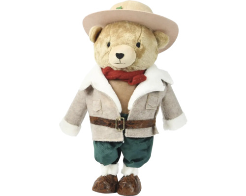 Plyšový medveď s klobúkom, bundou a nohavicami