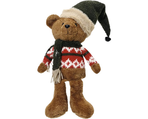 Vianočné dekorácie medveď textilný 39 cm Plyšový medveď s čiapkou a svetrom ako vianočná dekorácia