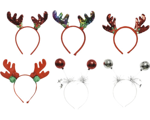 Vianočná čelenka so sobími parohmi, rôzne druhy Viaceré čelenky s vianočným motívom a ozdobnými guľami
