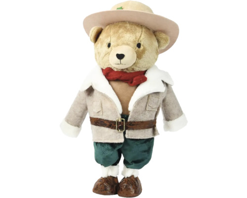 Plyšový medveď s klobúkom, bundou, nohavicami, šálom a opaskom