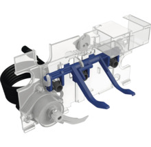 Vnútorný pohľad na splachovaciu nádržku toalety s modrými pákami a čiernou hadicou