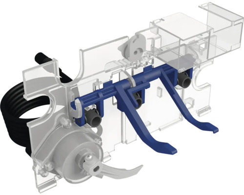 Ovládací prvok splachovací mechanizmus Jika JIKAclean biela H8925240000001 Vnútorný pohľad na splachovaciu nádržku toalety s modrými pákami a čiernou hadicou