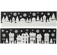 Vianočná dekorácia okien s domami, stromami a snehovými vločkami