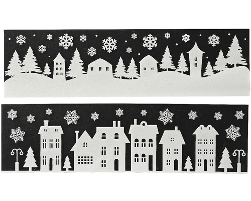 Vianočná dekorácia okien s domami, stromami a snehovými vločkami